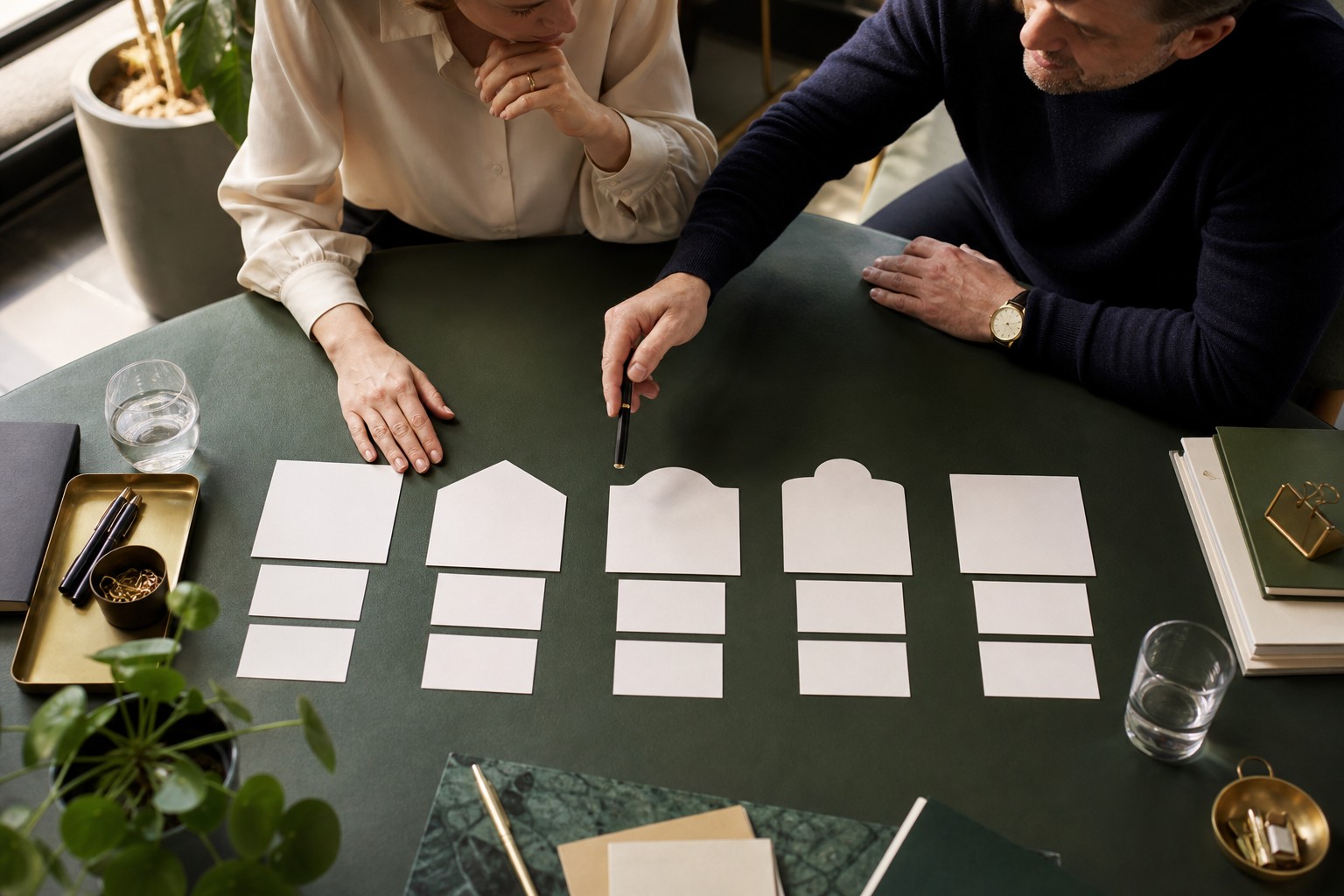 Twee strategen brengen met vijf groepen blanco kaarten de alternatieven van klanten in kaart
