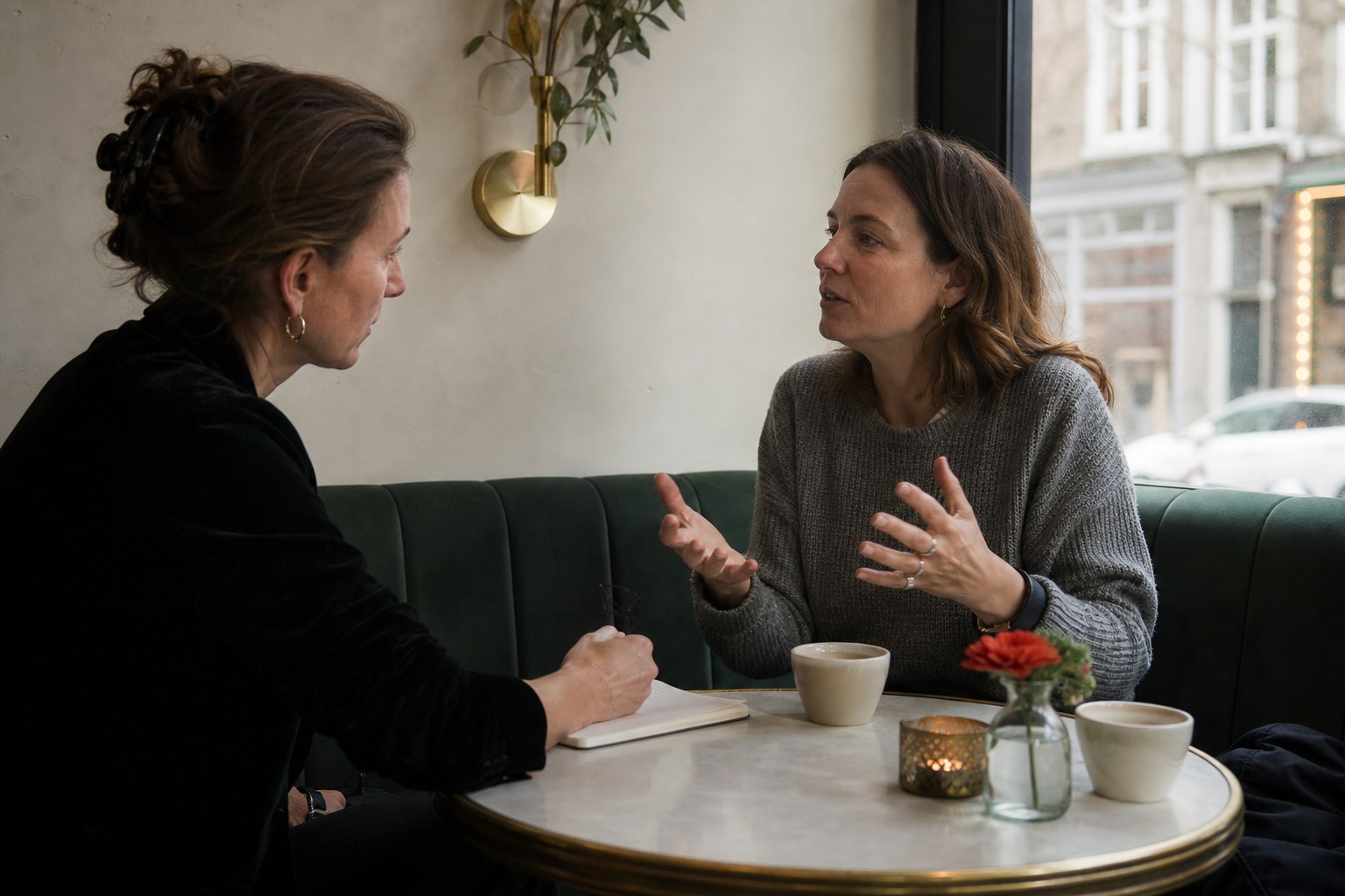 Twee vrouwen voeren een aandachtig klantgesprek aan een tafel in een rustig café