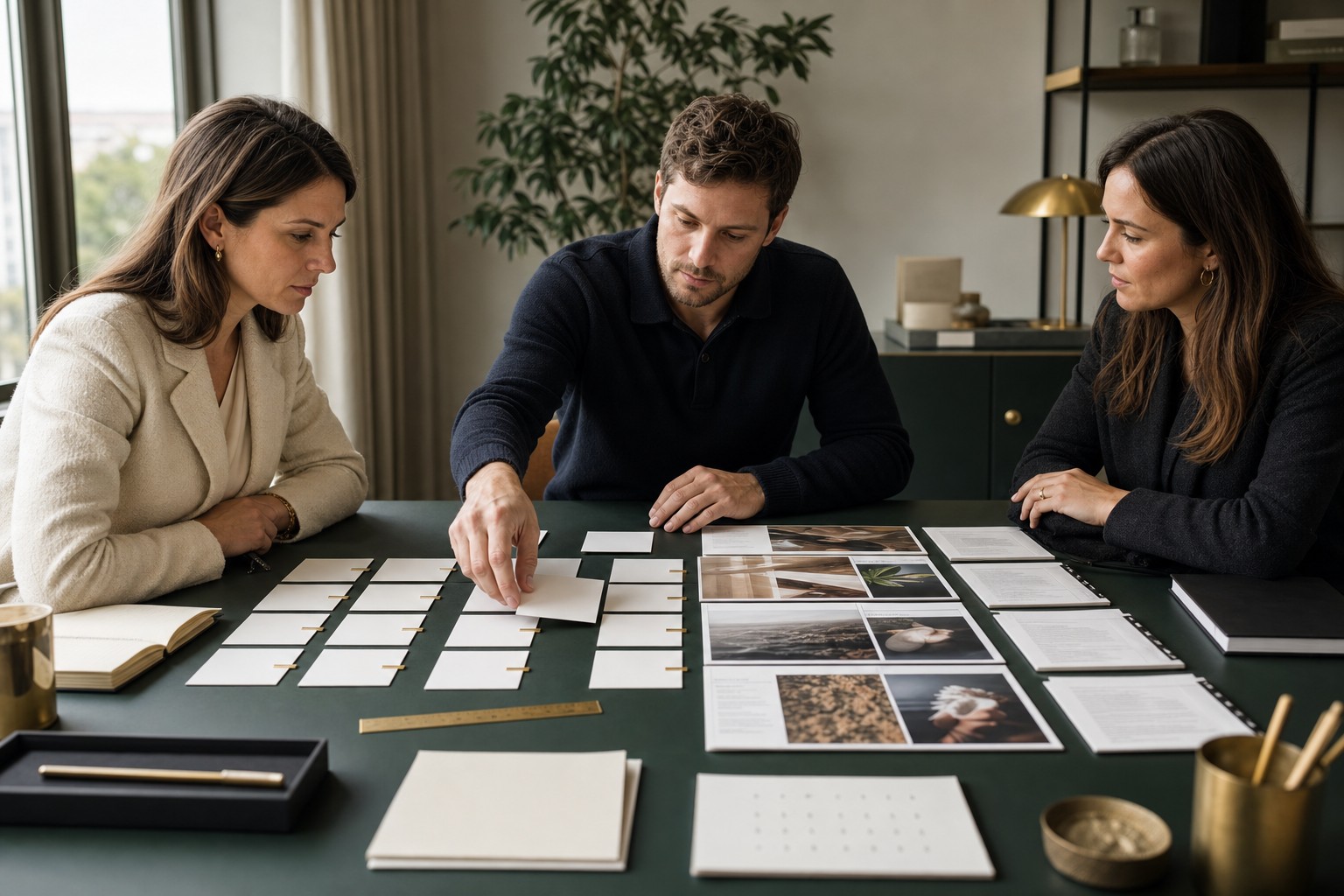 Drie collega’s koppelen blanco claimkaarten aan bronmateriaal op een donkergroene werktafel