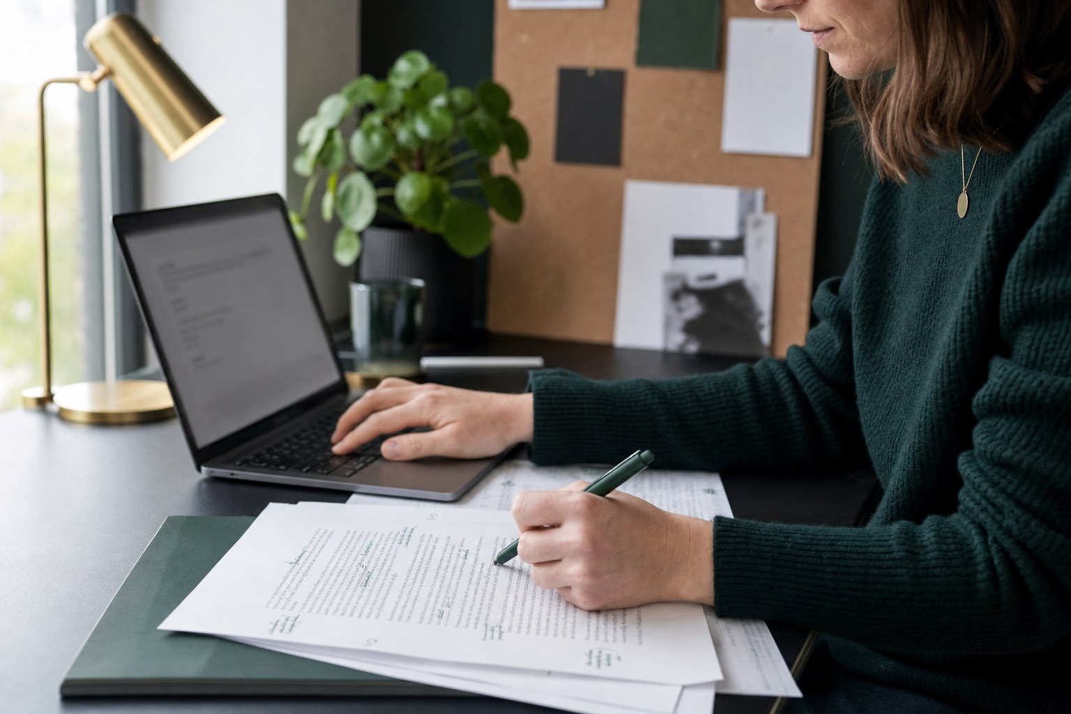 Redacteur vergelijkt een tekst op papier met een concept op een laptop aan een donkere werktafel